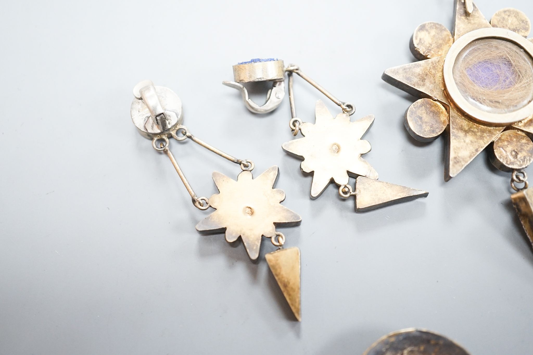 A 19th century Italian gilt metal and micro-mosaic drop pendant on chain, pendant 6cm and a pair of matching drop earrings and a micro-mosaic button
